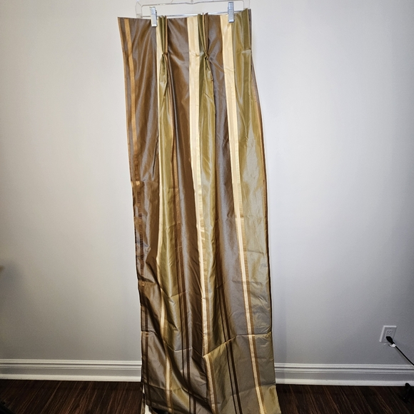 Two custom panels green taupe cream striped tafetta pleated lined drapes 56x95" - Picture 3 of 9